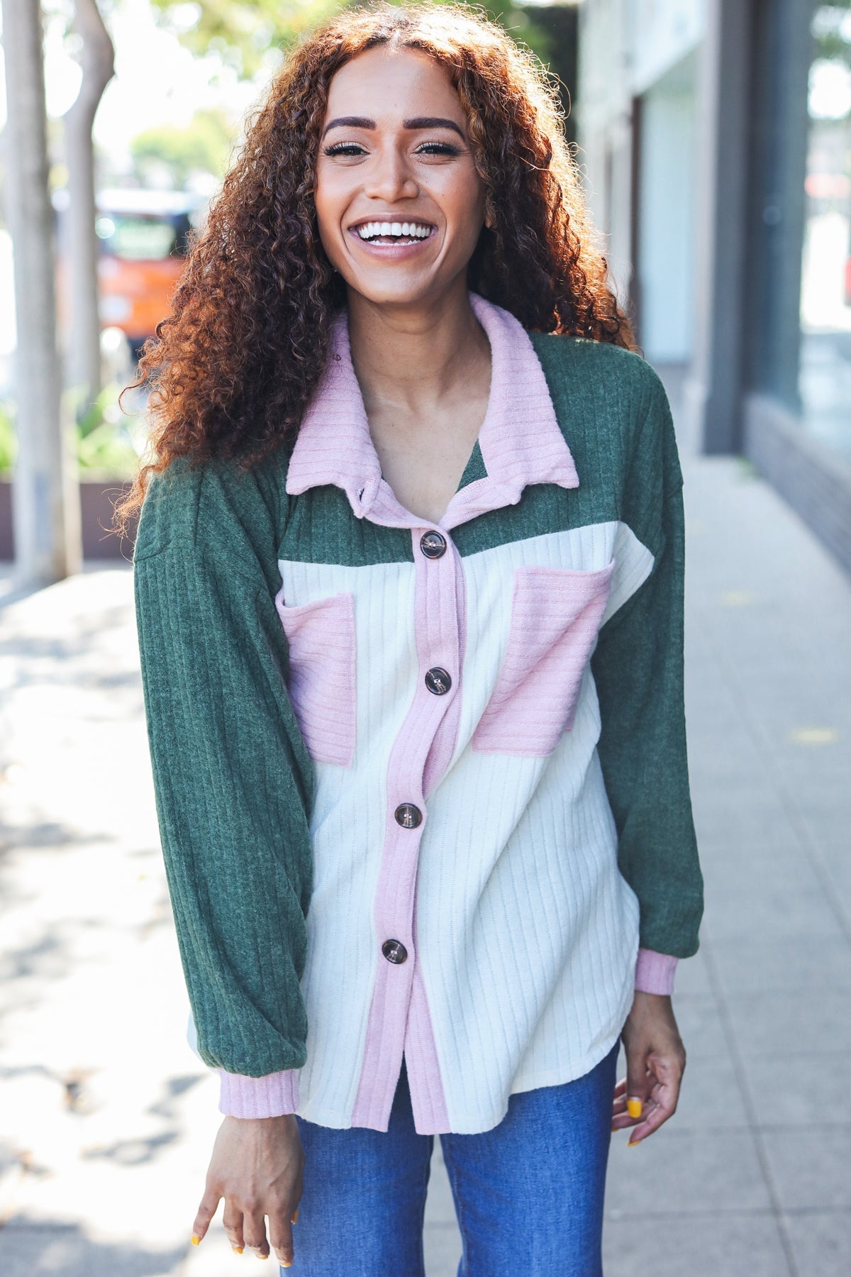 Pretty In Pink & Olive Color Block Button Down Ribbed Shacket