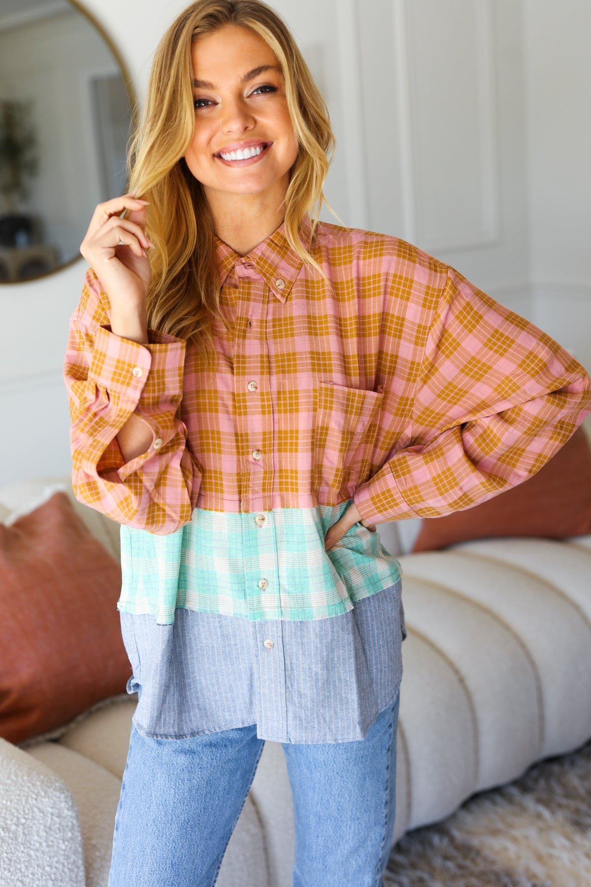 You've Got This Mauve & Mint Color Block Plaid Button Down Shirt