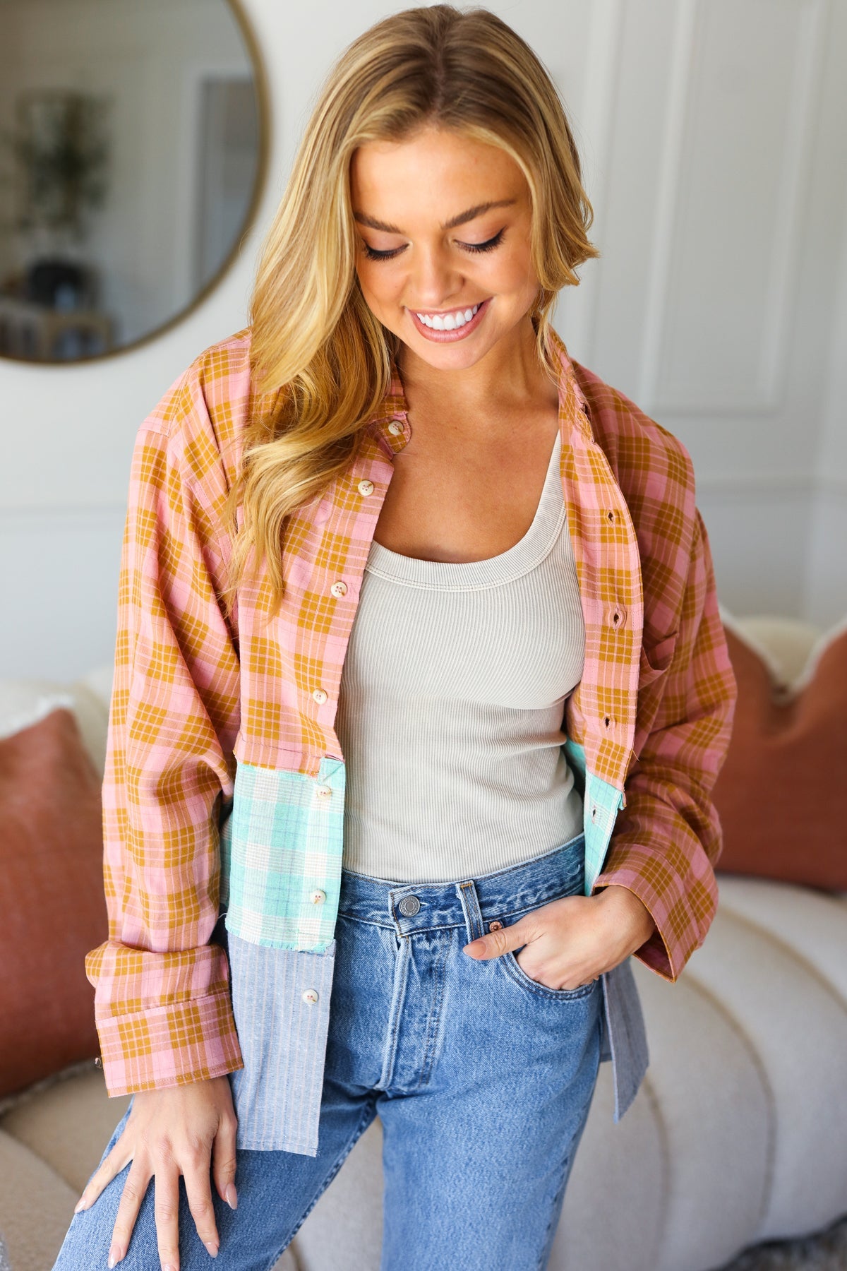 You've Got This Mauve & Mint Color Block Plaid Button Down Shirt