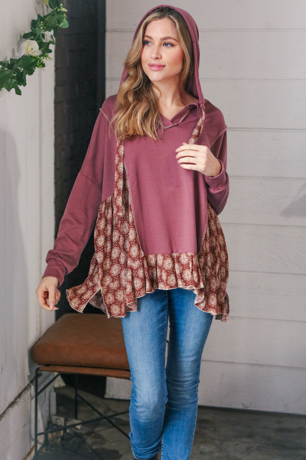 Plum Ethnic Outseam Drawstring Hoodie