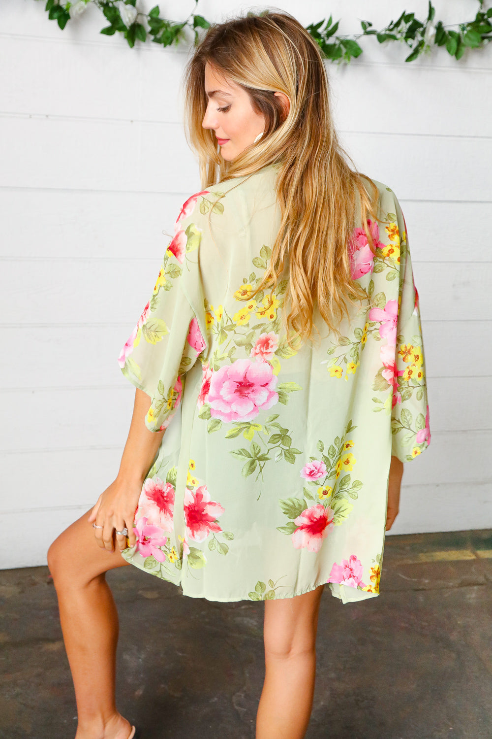 Sage Floral Print Chiffon Cover Up Kimono