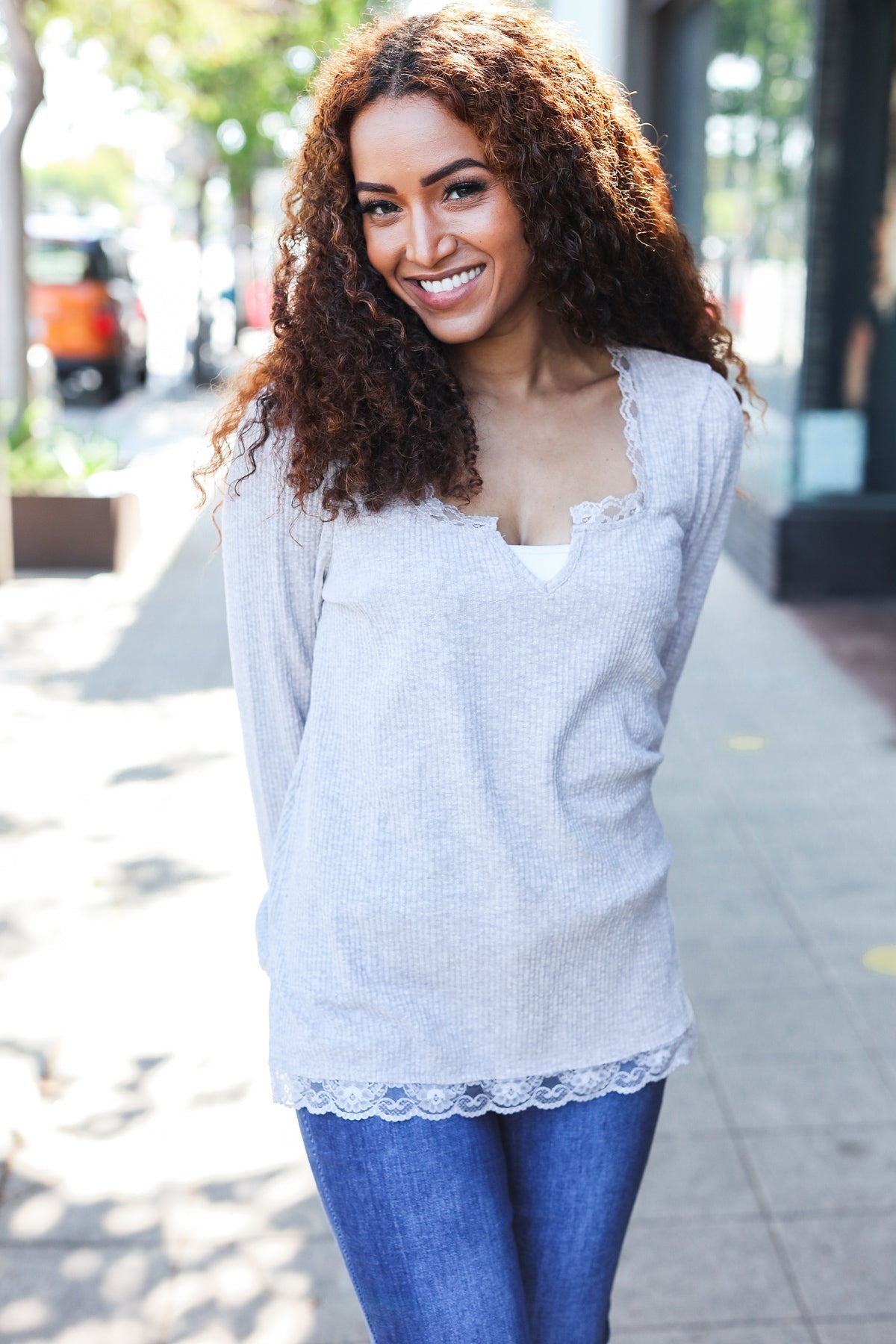 Feels Like Love Grey Lace Trim Rib Long Sleeve Top