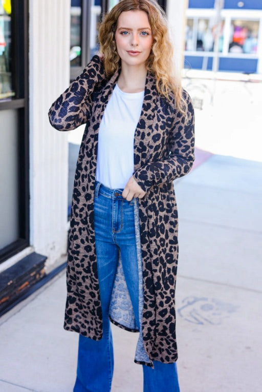 Boldly You Dark Taupe Animal Print Open Duster Cardigan