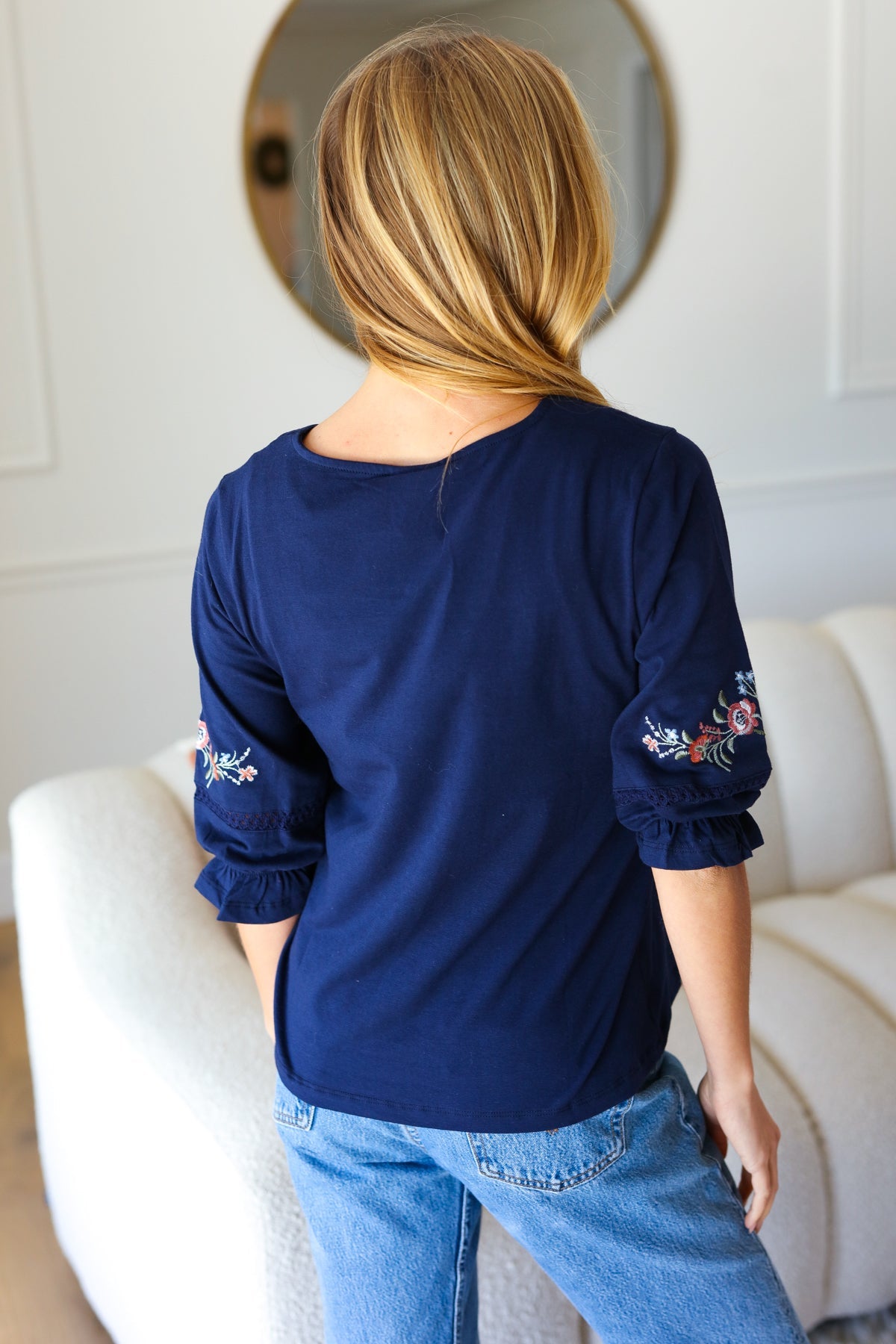 Keep You Close Navy Floral Embroidery Square Neck Blouse