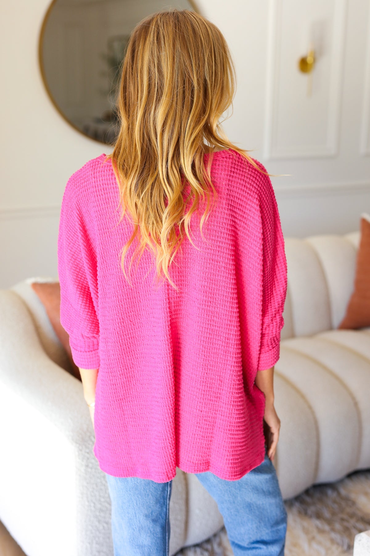 Happy Thoughts Fuchsia Jacquard Hi-Low V Neck Sweater