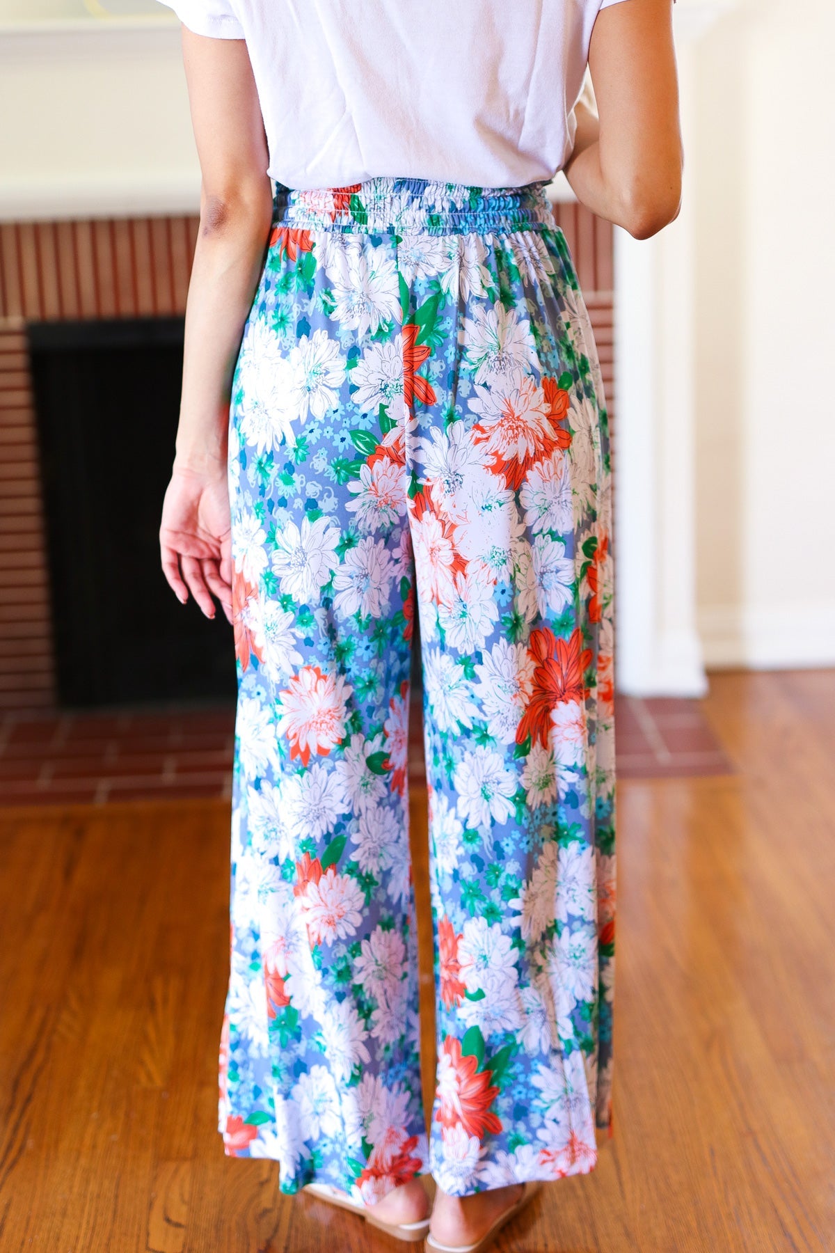 Vacay Vibes Green Floral Smocked Waist Side Slit Palazzo Pants