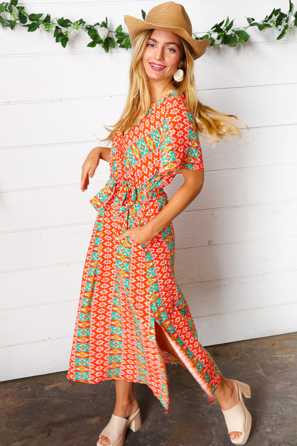 Orange Boho Print Surplice Sash Belt Midi Dress