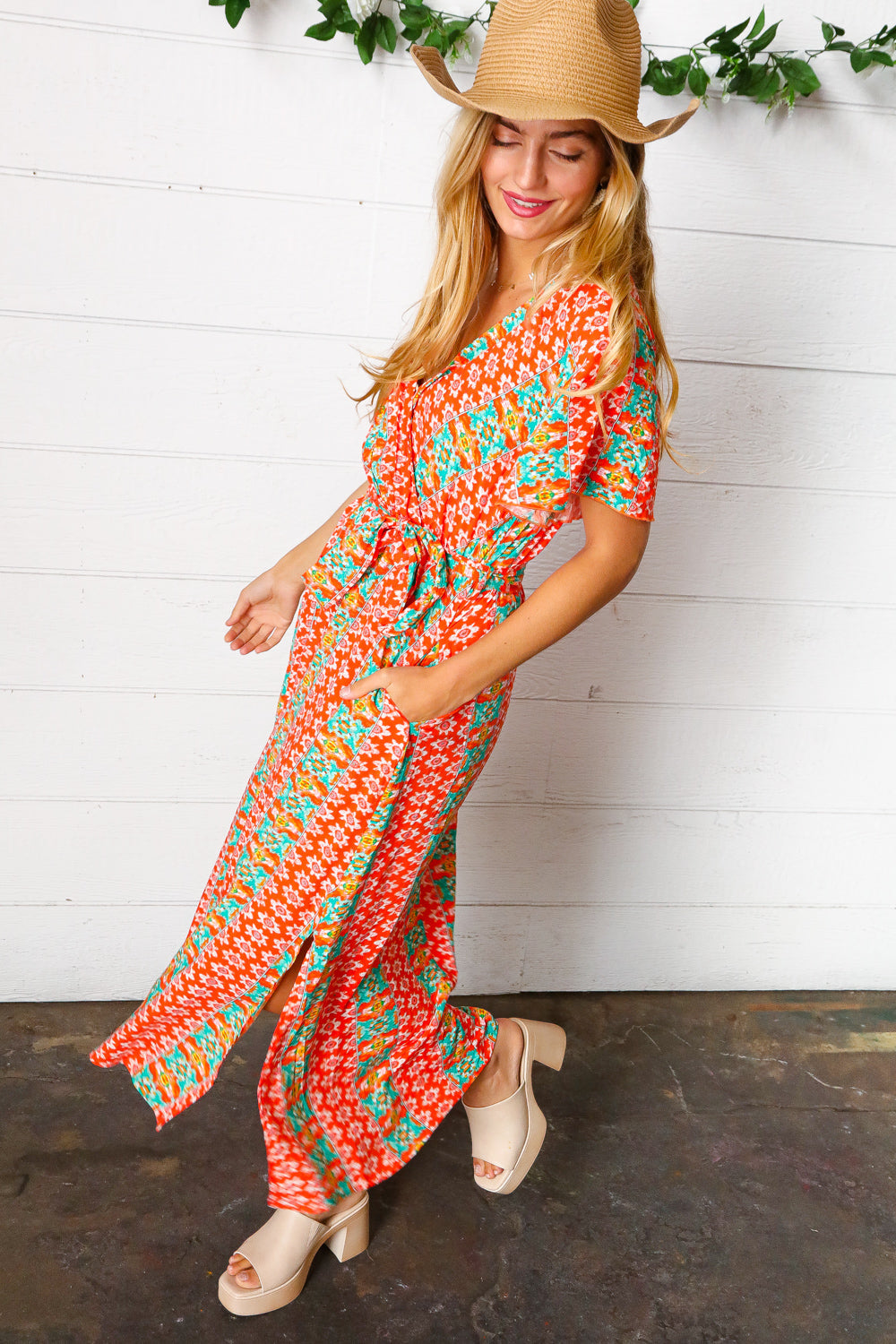 Orange Boho Print Surplice Sash Belt Midi Dress