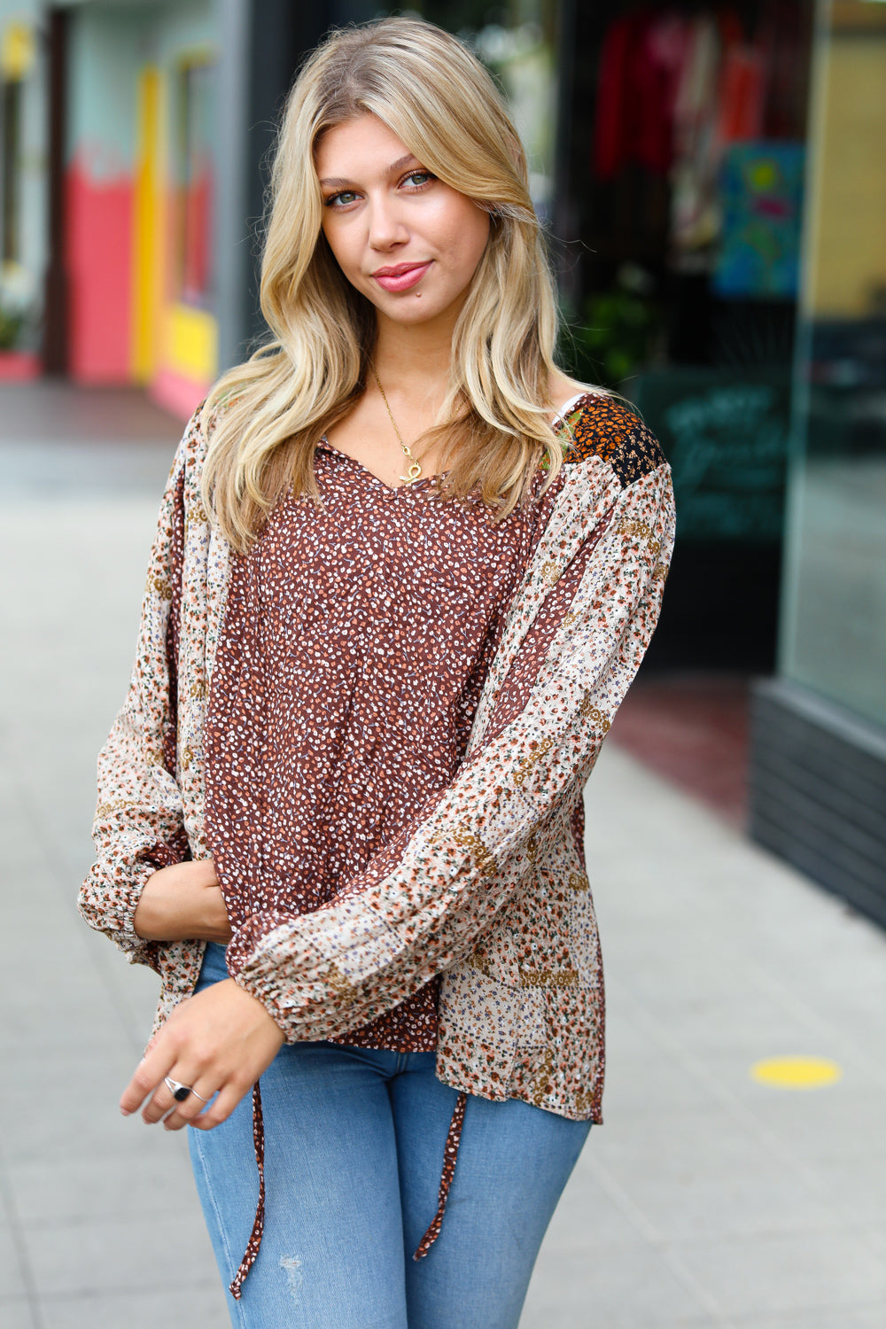 Sepia Ditzy Floral Colorblock Front Tie Top