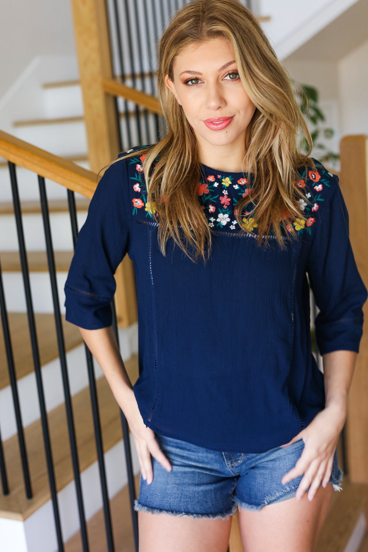 In Your Dreams Navy Floral Embroidery Ladder Trim Blouse