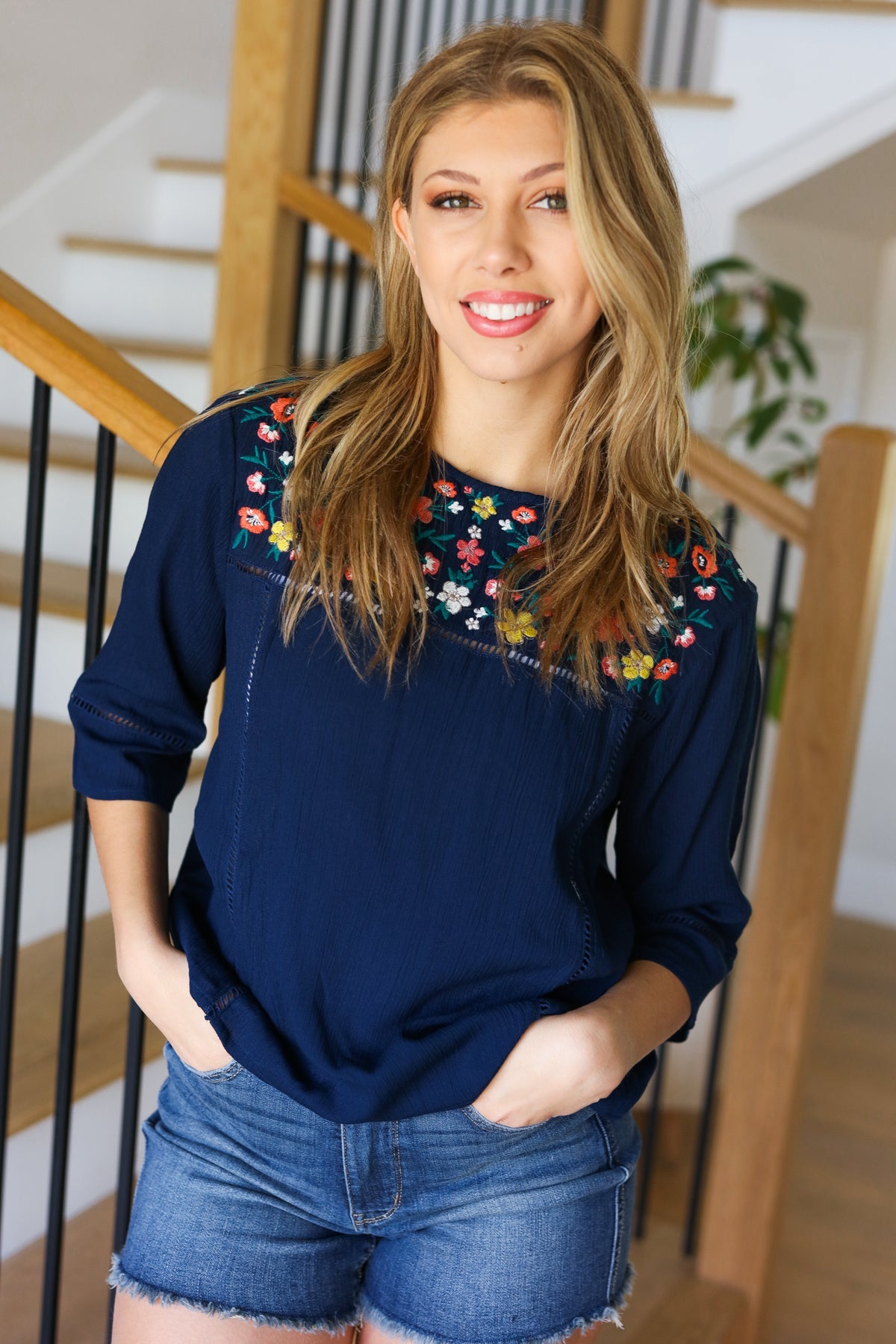 In Your Dreams Navy Floral Embroidery Ladder Trim Blouse