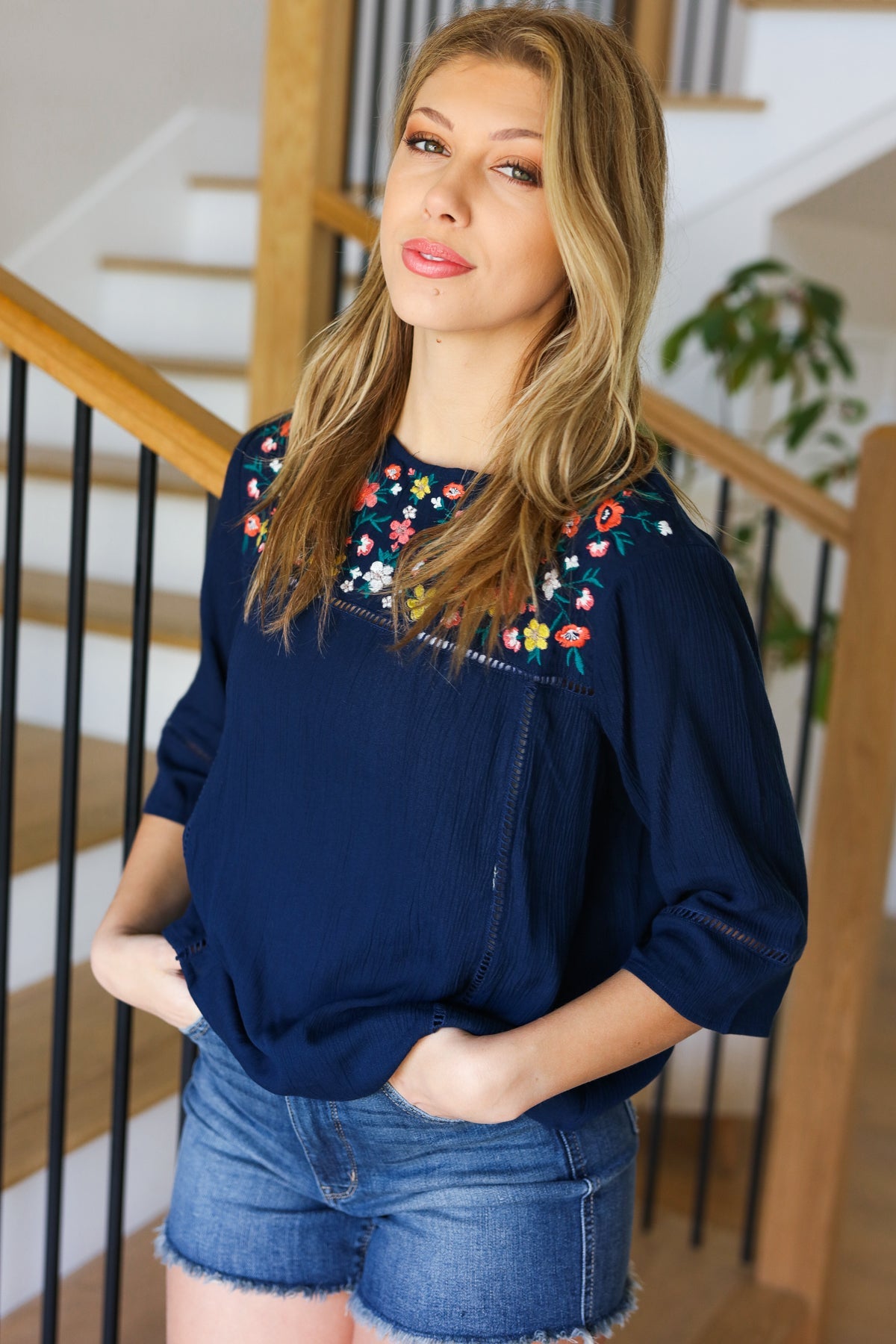 In Your Dreams Navy Floral Embroidery Ladder Trim Blouse