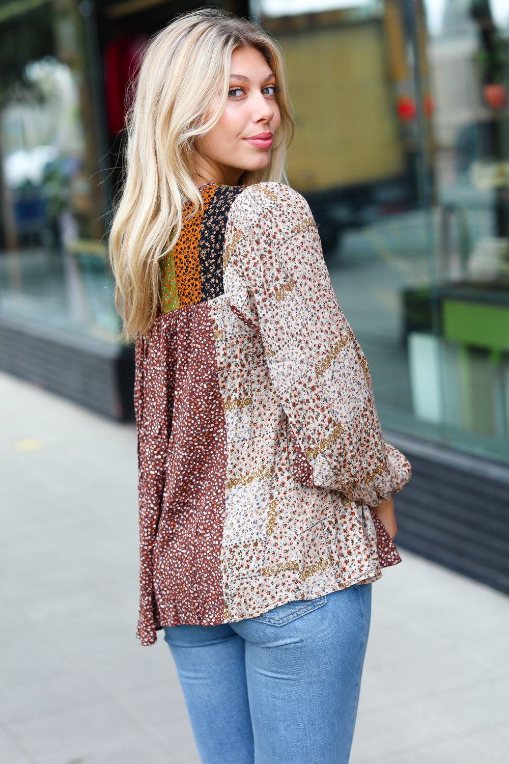 Sepia Ditzy Floral Colorblock Front Tie Top