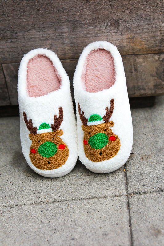 Holiday Reindeer Print Fleece Slippers