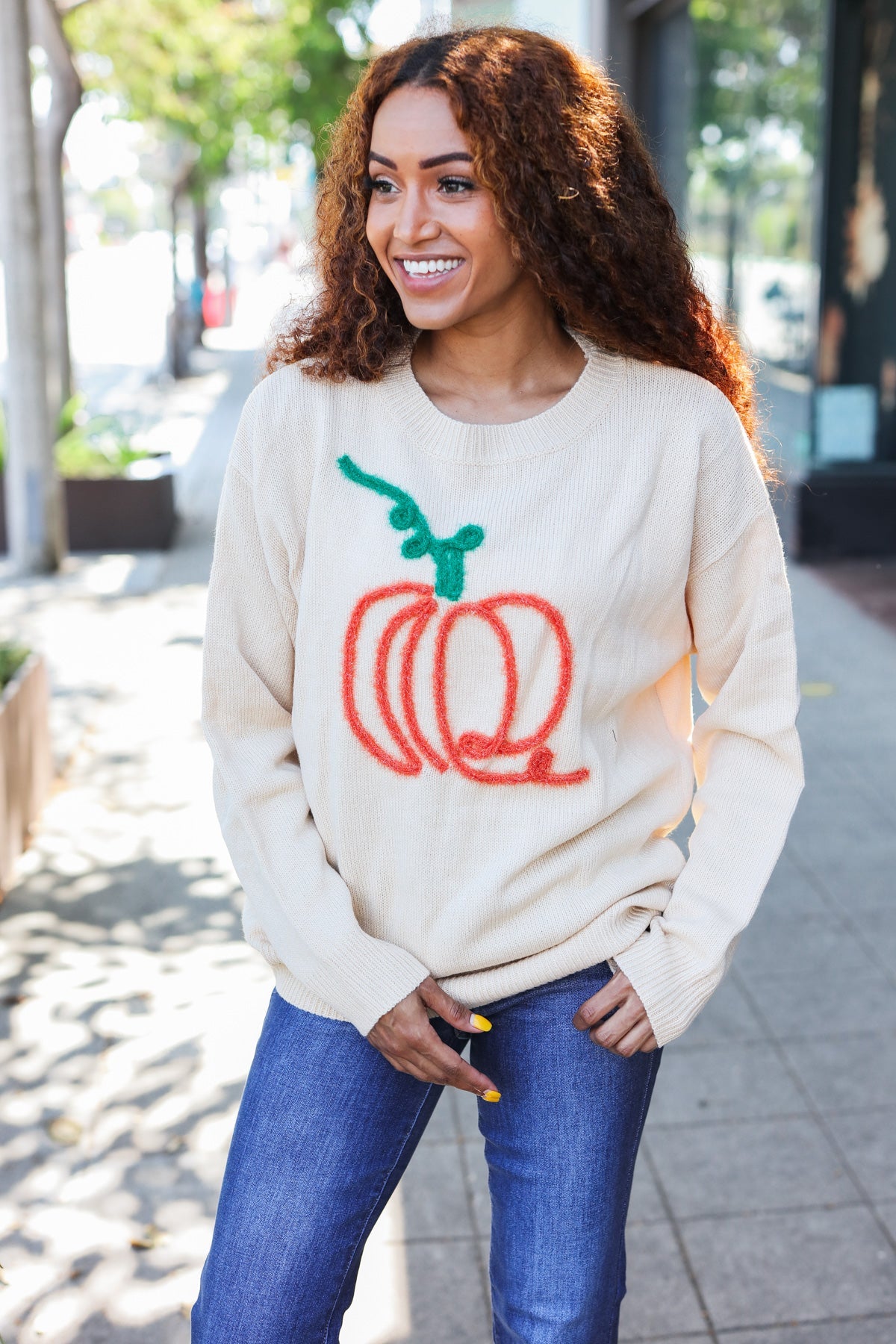 Pumpkin Spice Metallic Yarn Embroidered Oversized Sweater