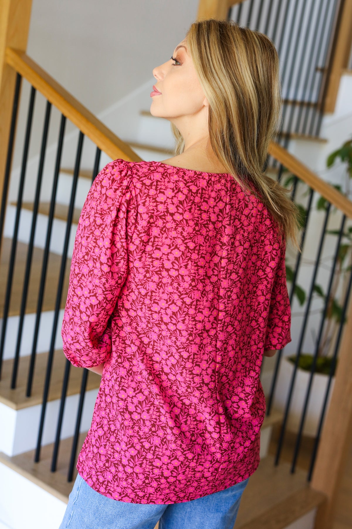 Perfectly You Fuchsia Floral Three Quarter Sleeve Square Neck Top