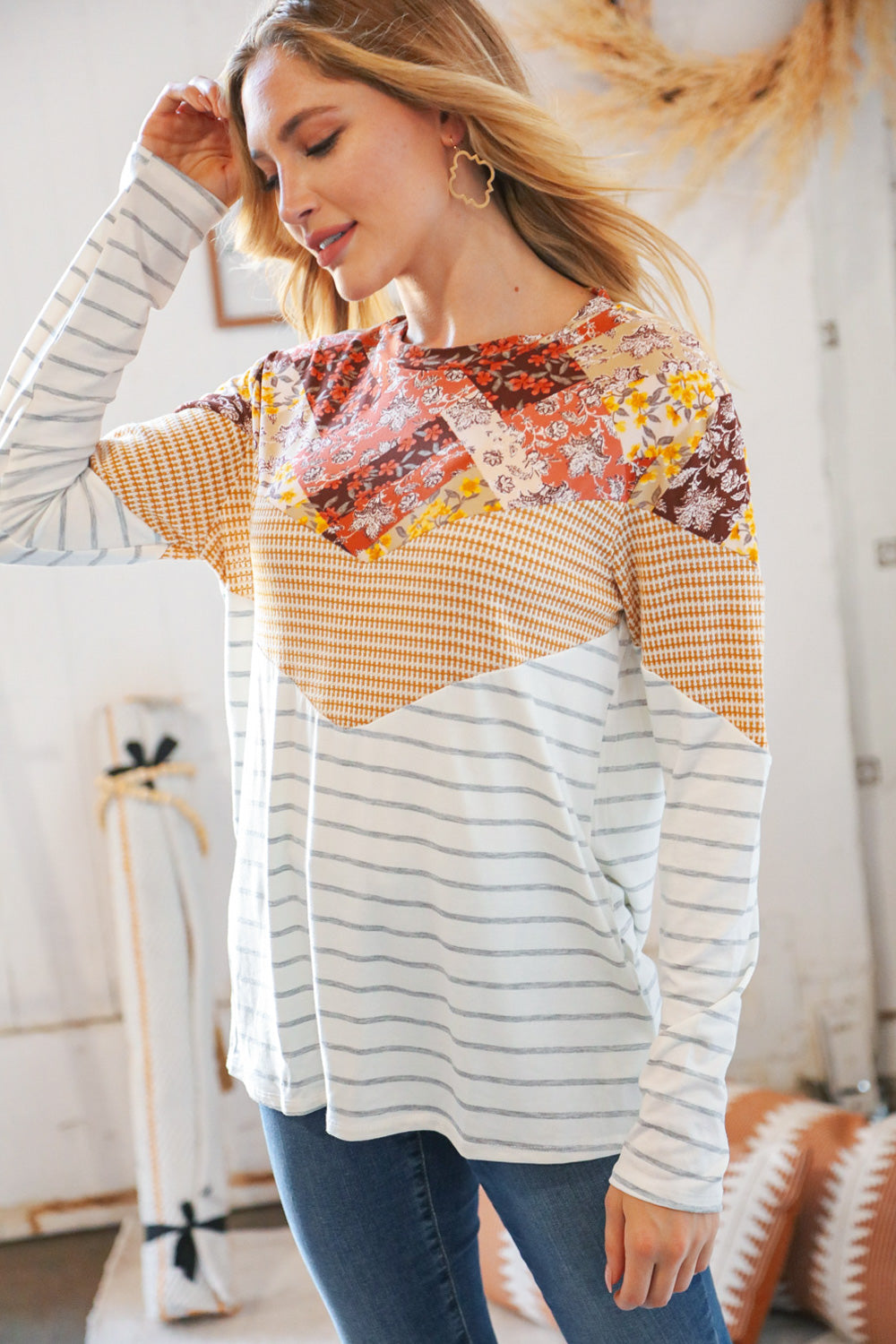 Mustard Two-Tone Chevron Stripe & Floral Patchwork Top