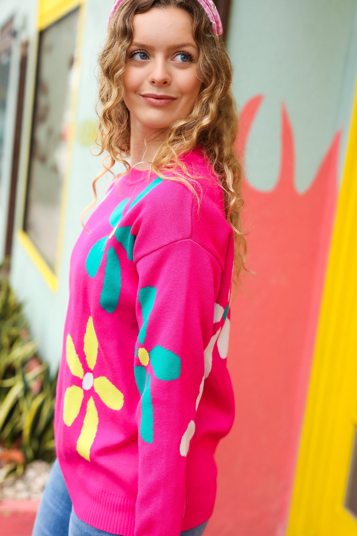 Flower Power Hot Pink Daisy Jacquard Pullover Sweater