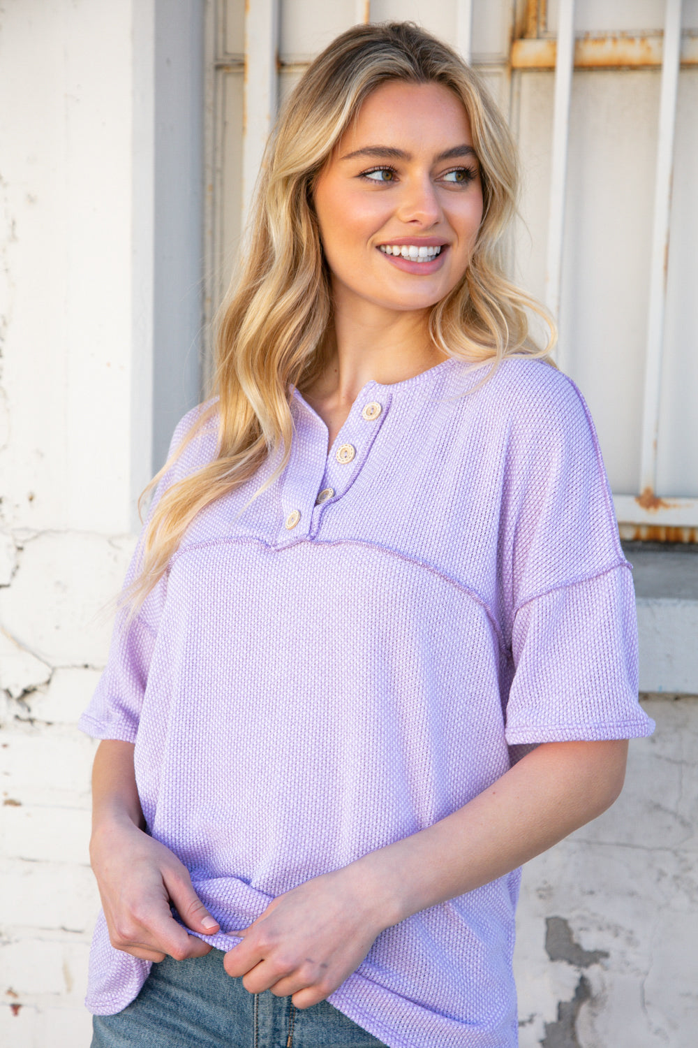 Lilac Two Tone Knit Button Down Outseam Top