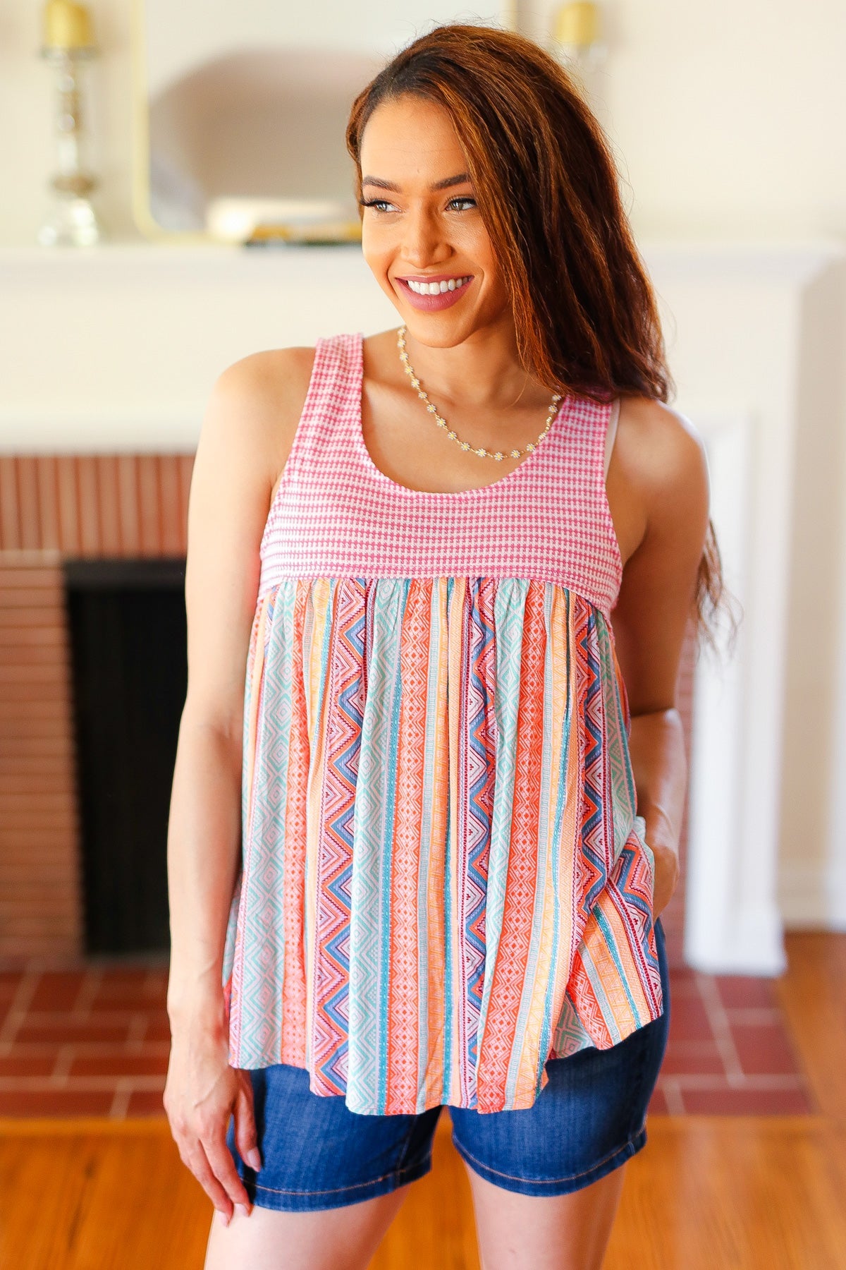 Pink Two-Tone Boho Print Back Tie Tank