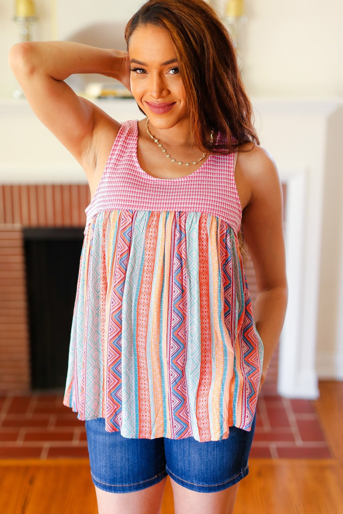 Pink Two-Tone Boho Print Back Tie Tank