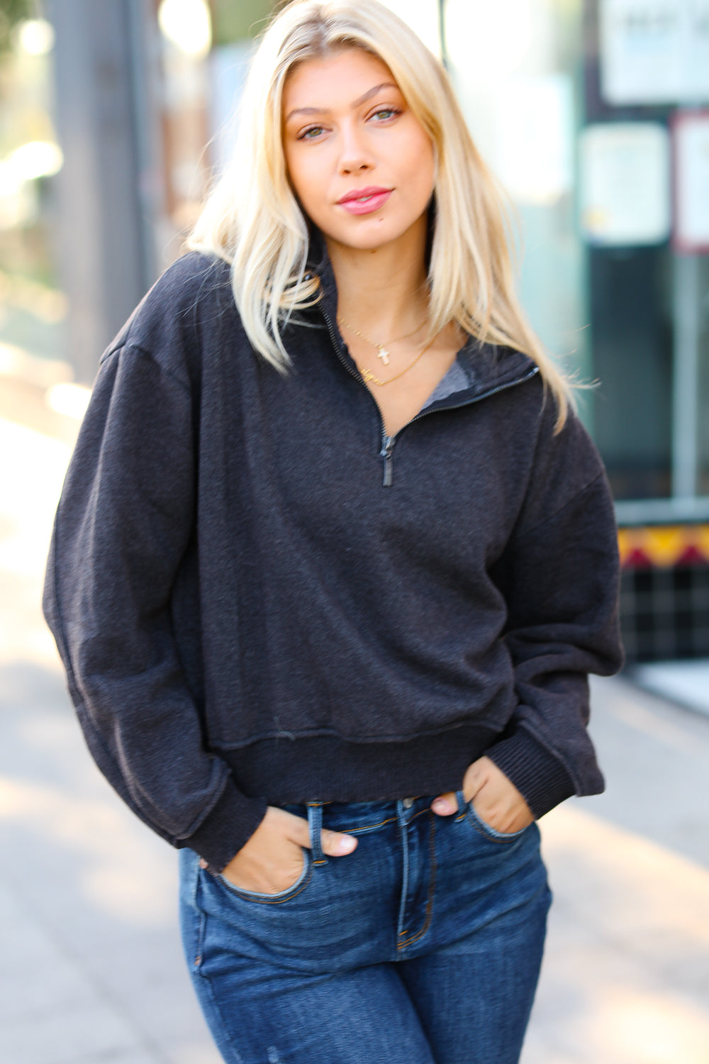 Charcoal Half Zip Cropped Pullover Sweater