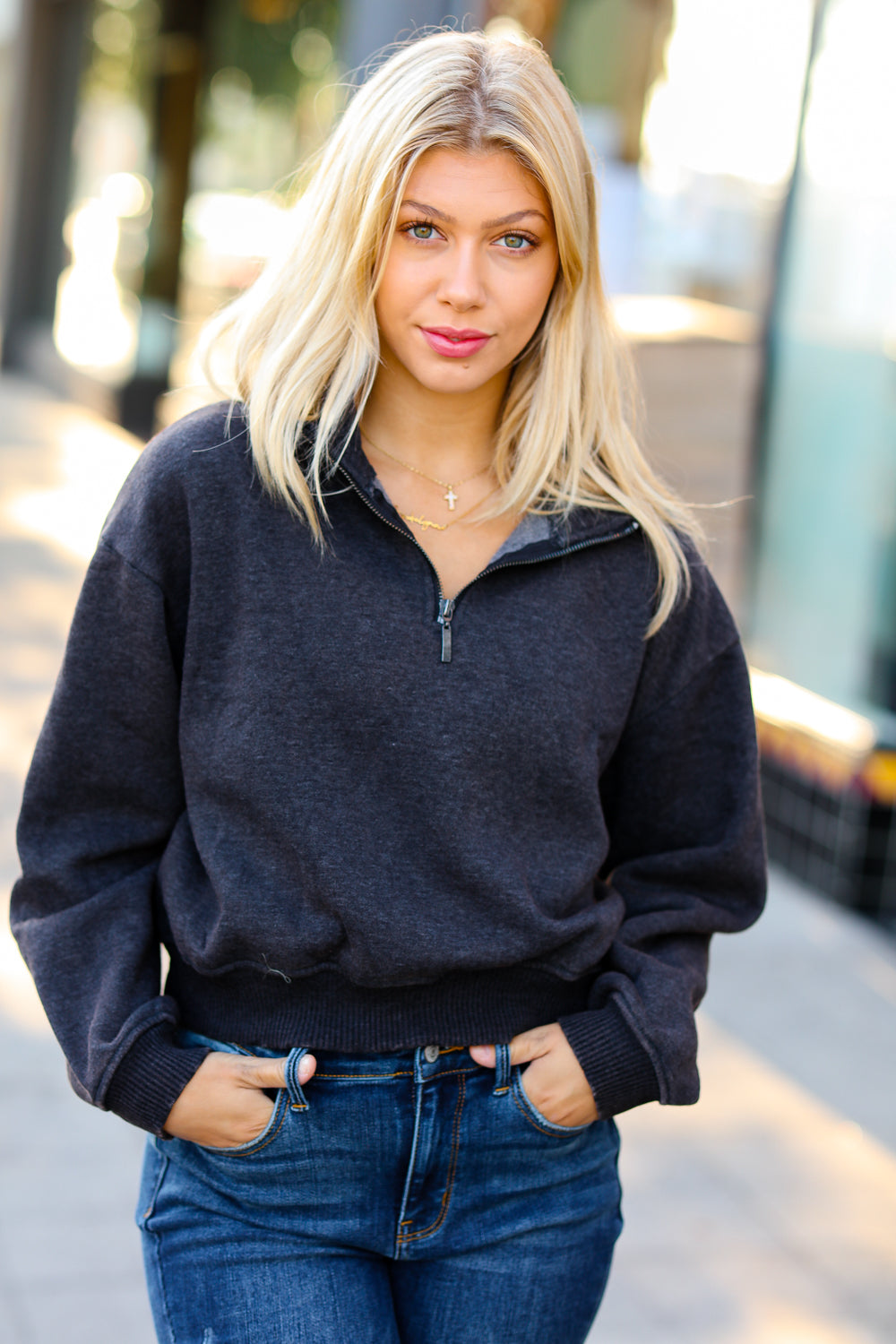 Charcoal Half Zip Cropped Pullover Sweater