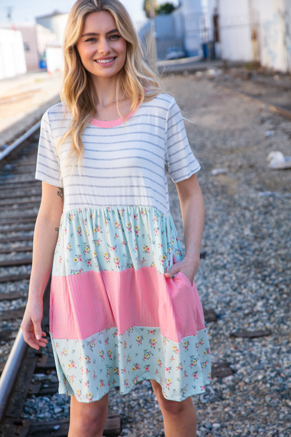 Floral and Stripe Color Block Fit and Flare Rib Dress