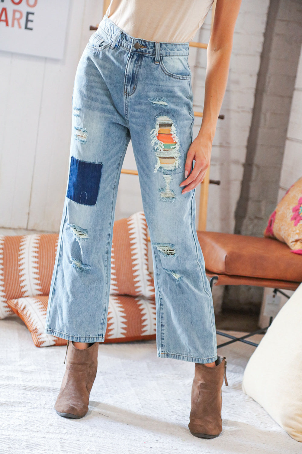 Cotton Washed High Waist Ripped Patchwork Straight Leg Jeans