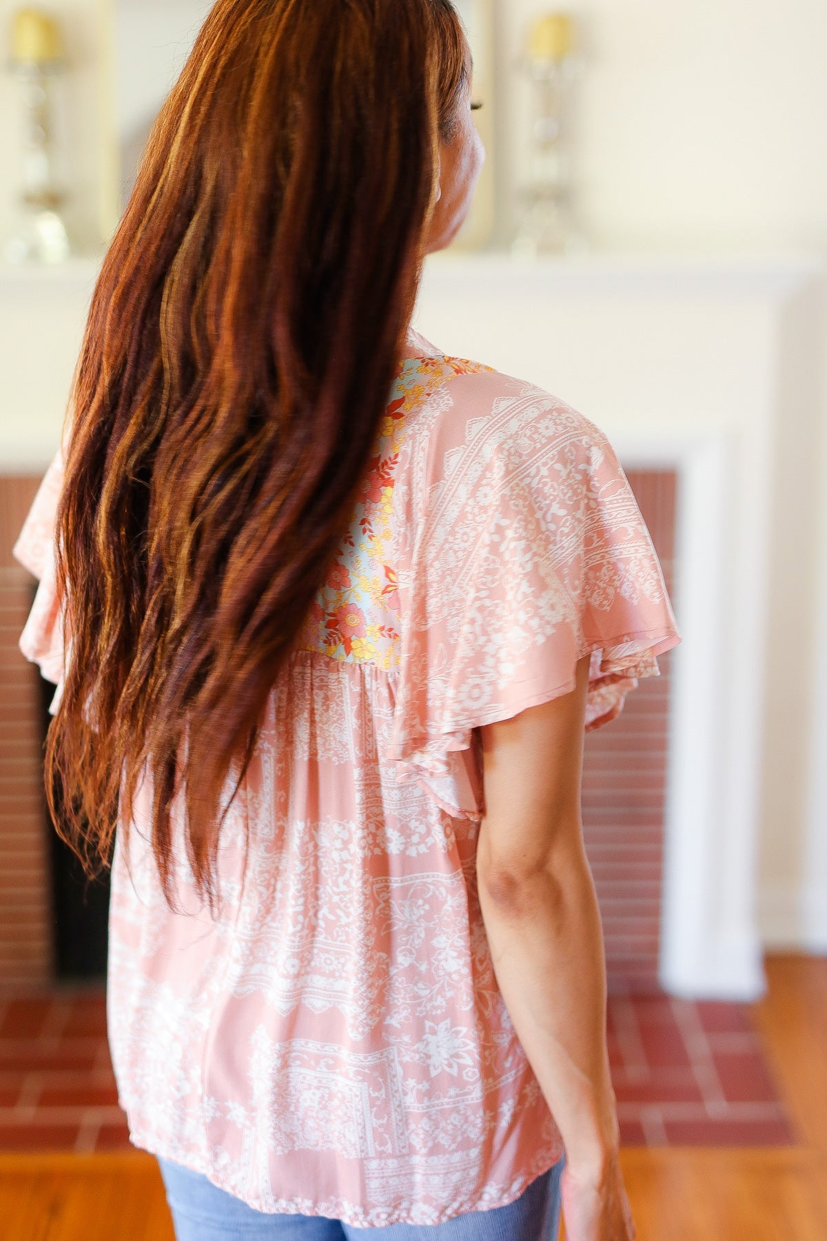 Blush Paisley Floral Yoke Tie Neck Top