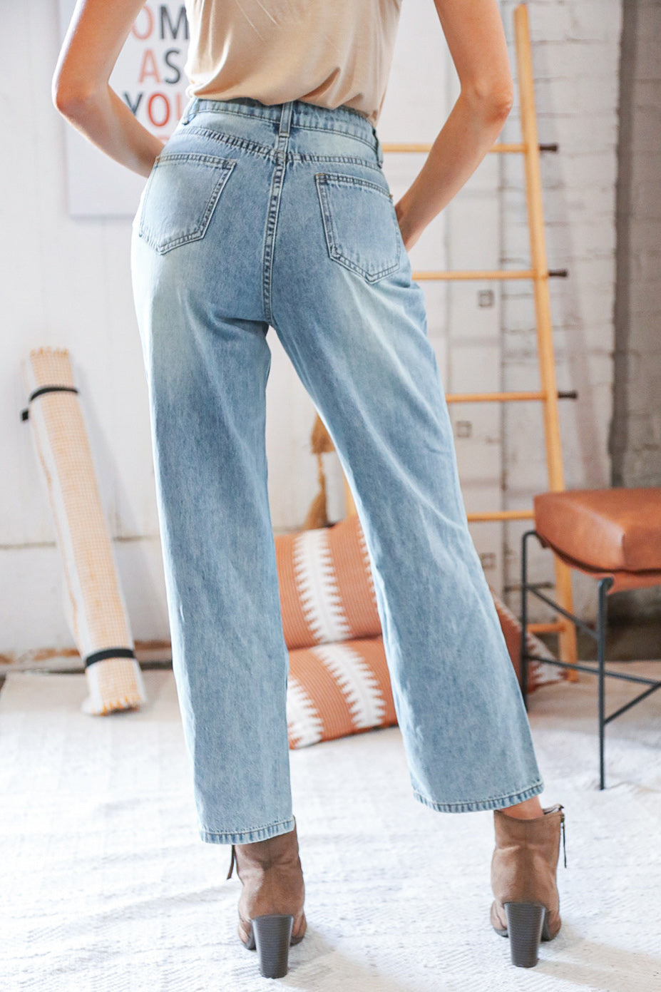 Cotton Washed High Waist Ripped Patchwork Straight Leg Jeans