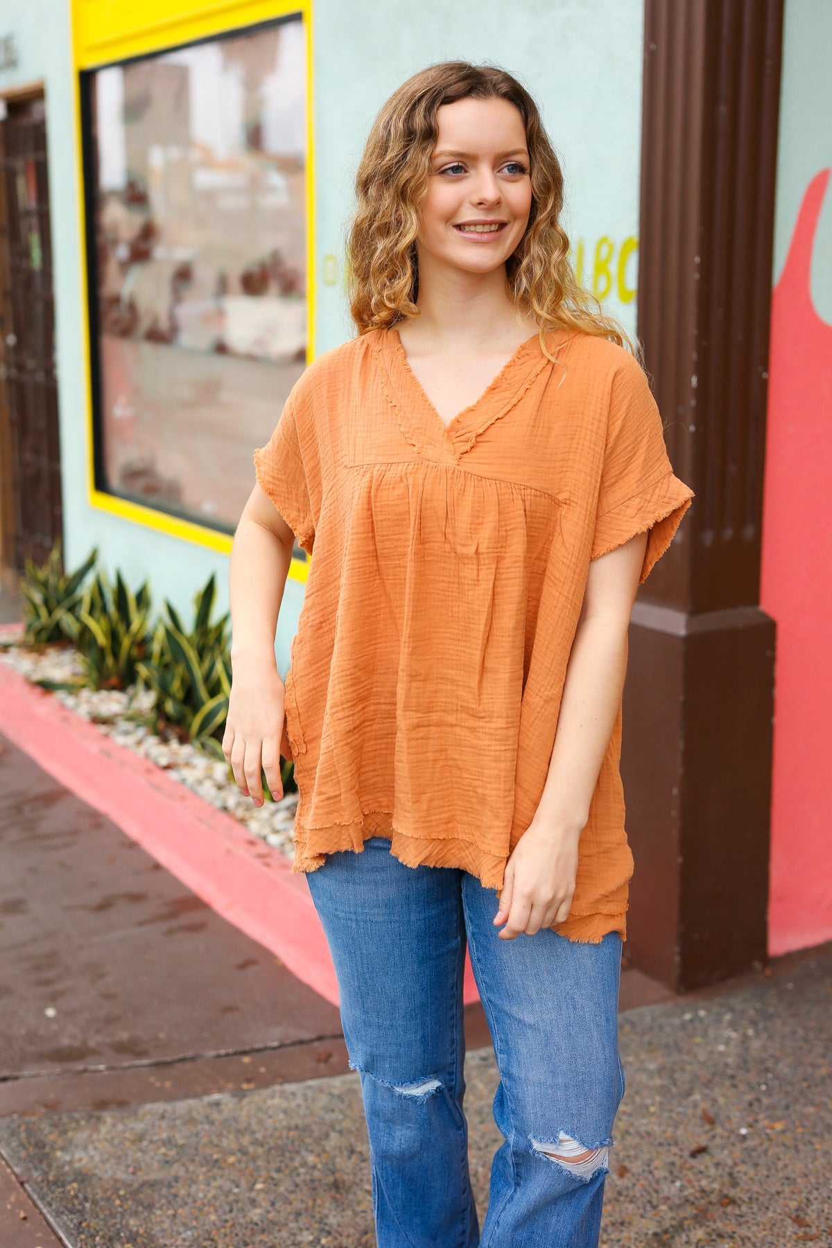 Tangerine Cotton Banded V Neck Frayed Pocketed Top