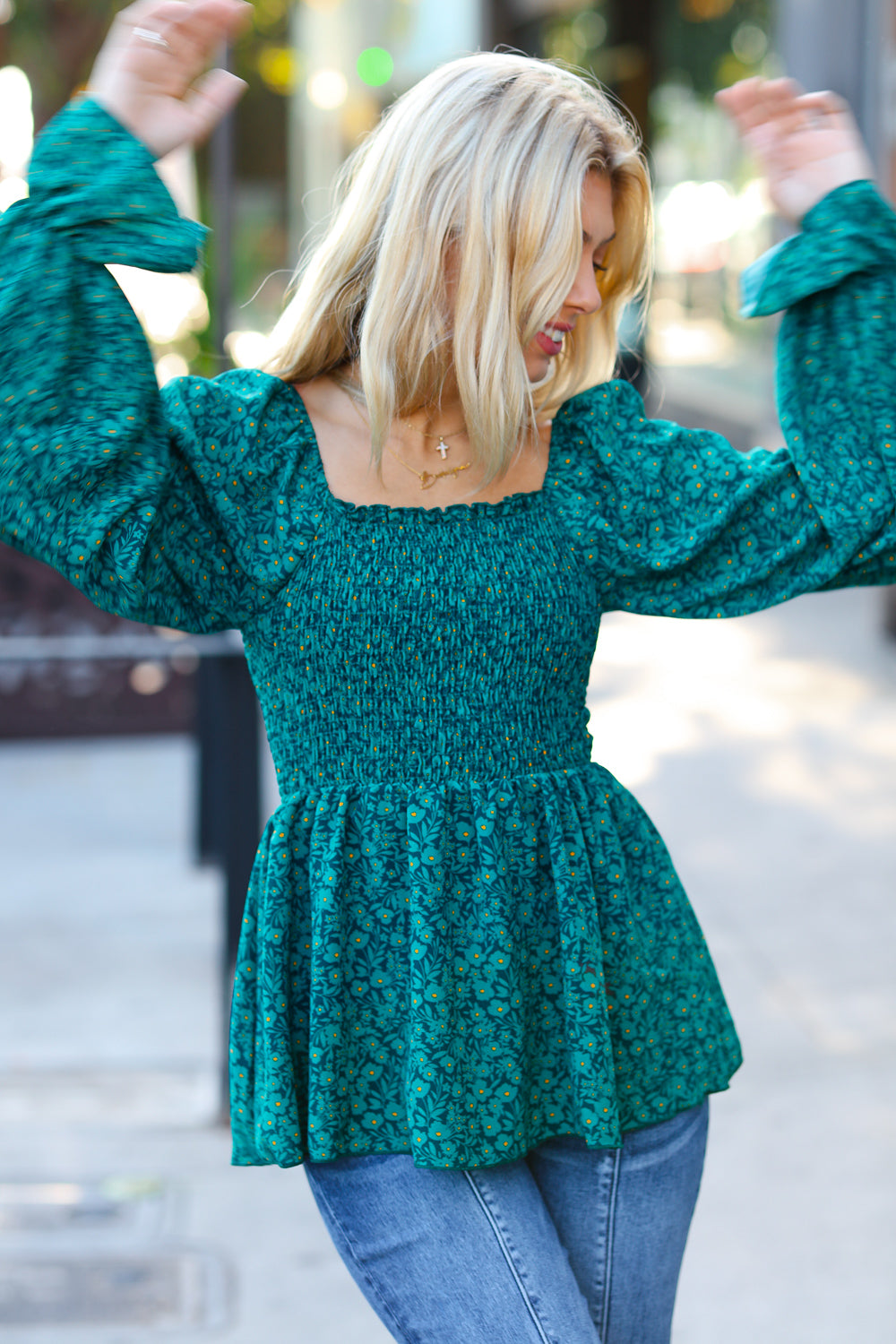 Always With You Teal Smocked Ditzy Floral Ruffle Top