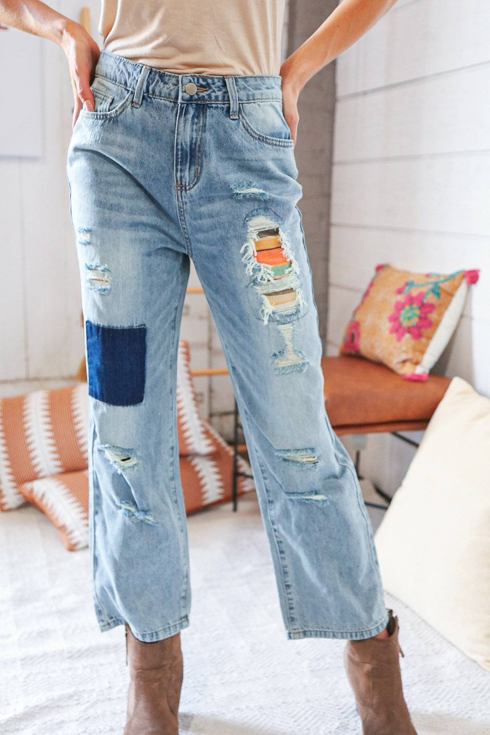 Cotton Washed High Waist Ripped Patchwork Straight Leg Jeans