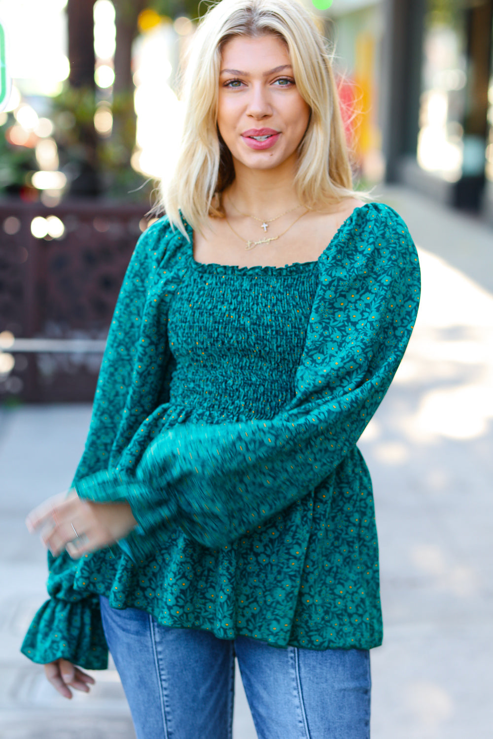 Always With You Teal Smocked Ditzy Floral Ruffle Top