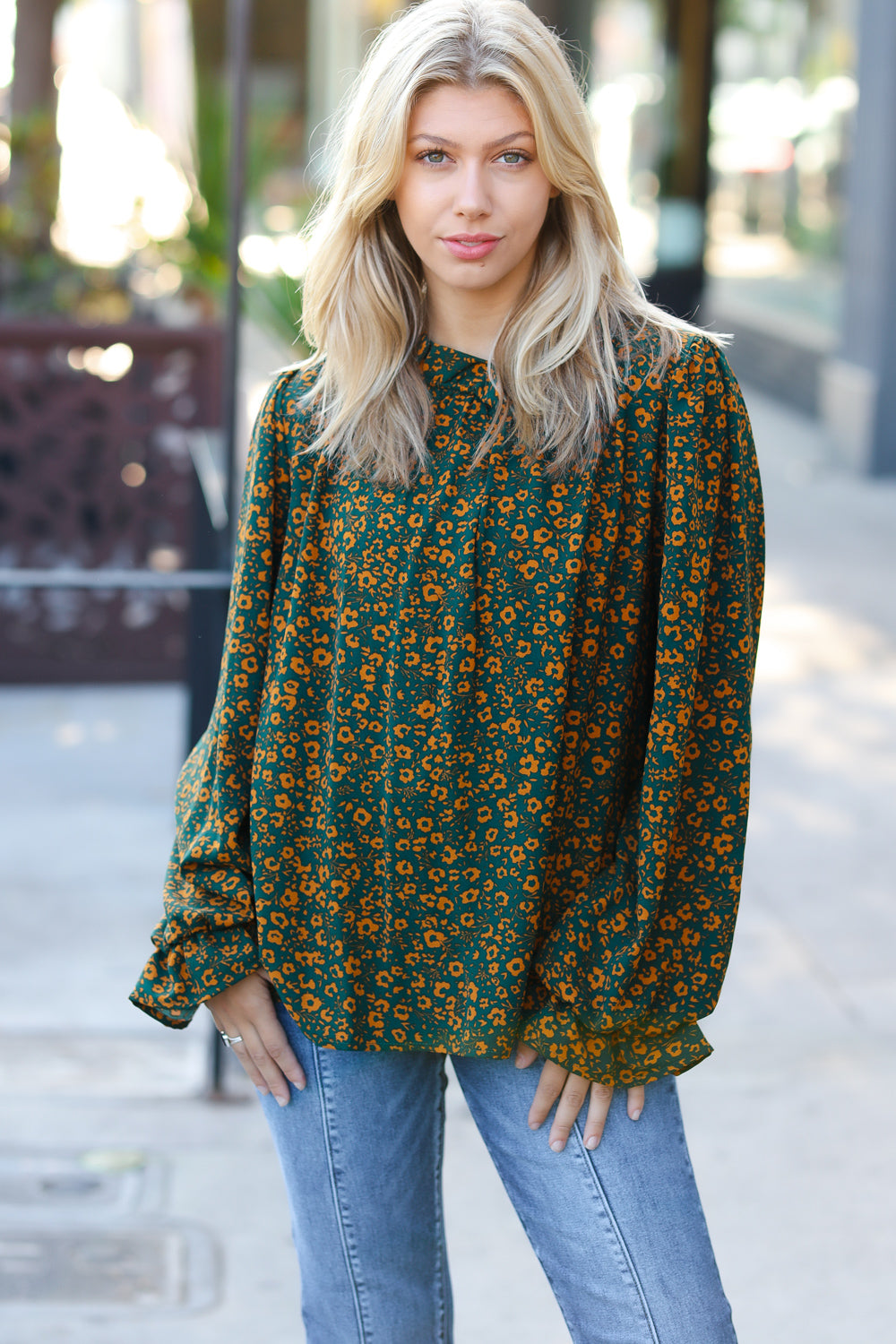 Sweet But Sassy Hunter Green Ditzy Floral Frill Neck Top