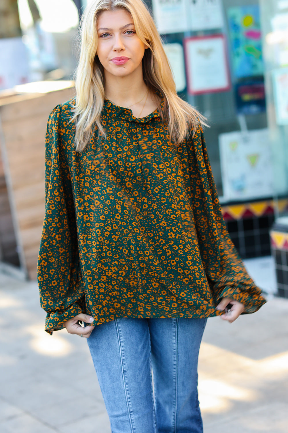 Sweet But Sassy Hunter Green Ditzy Floral Frill Neck Top