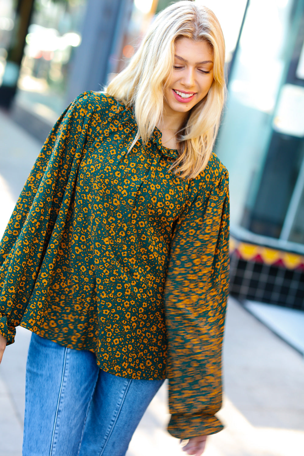 Sweet But Sassy Hunter Green Ditzy Floral Frill Neck Top