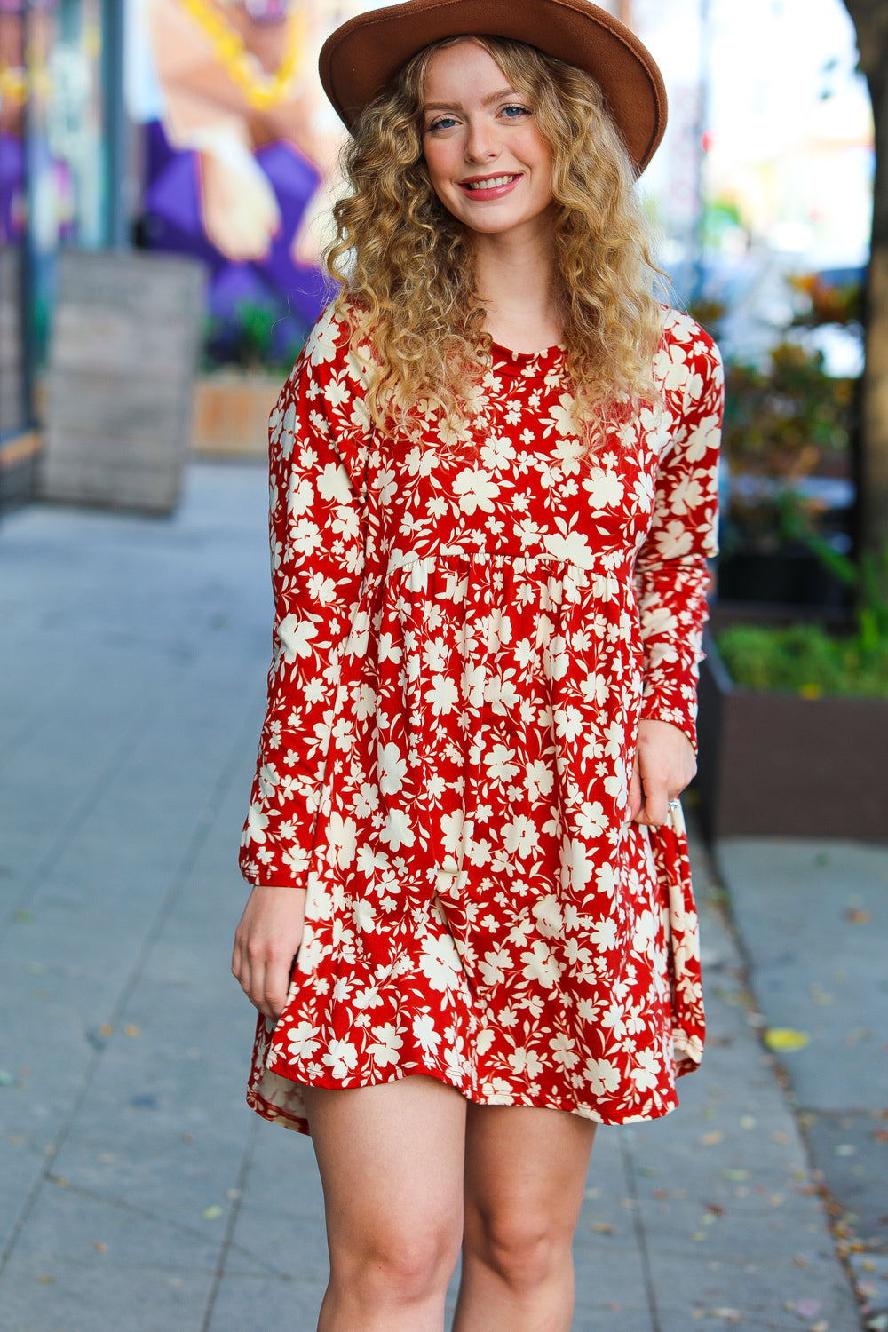 Rust Floral Long Sleeve Babydoll Dress