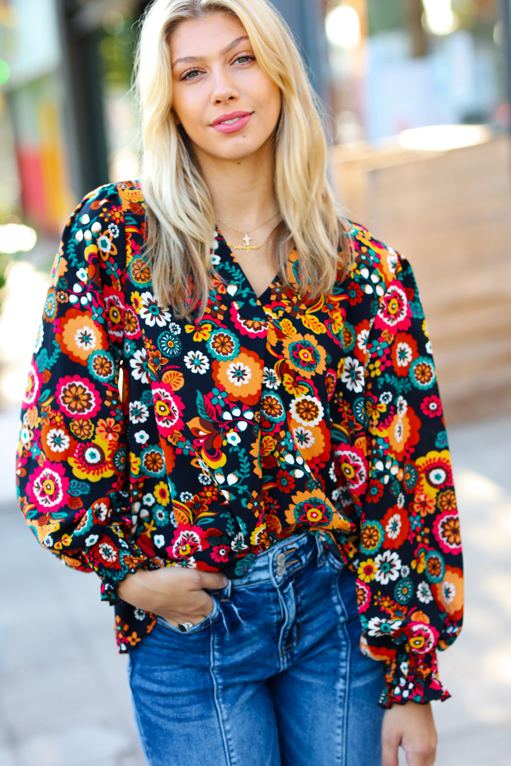 Black/Magenta Floral Ready For The Day Smocked Blouse