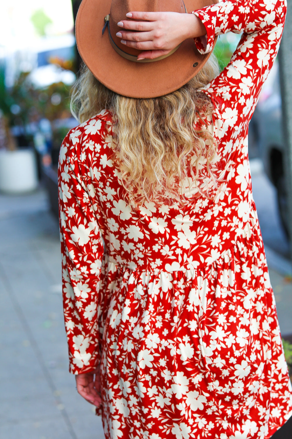 Rust Floral Long Sleeve Babydoll Dress