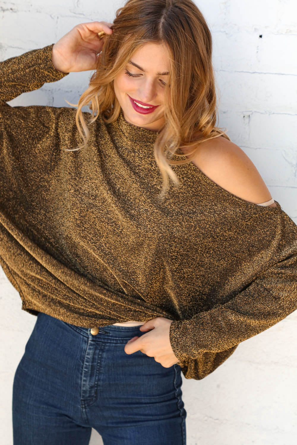 Gold Choker Cold Shoulder Dolman Glitter Top