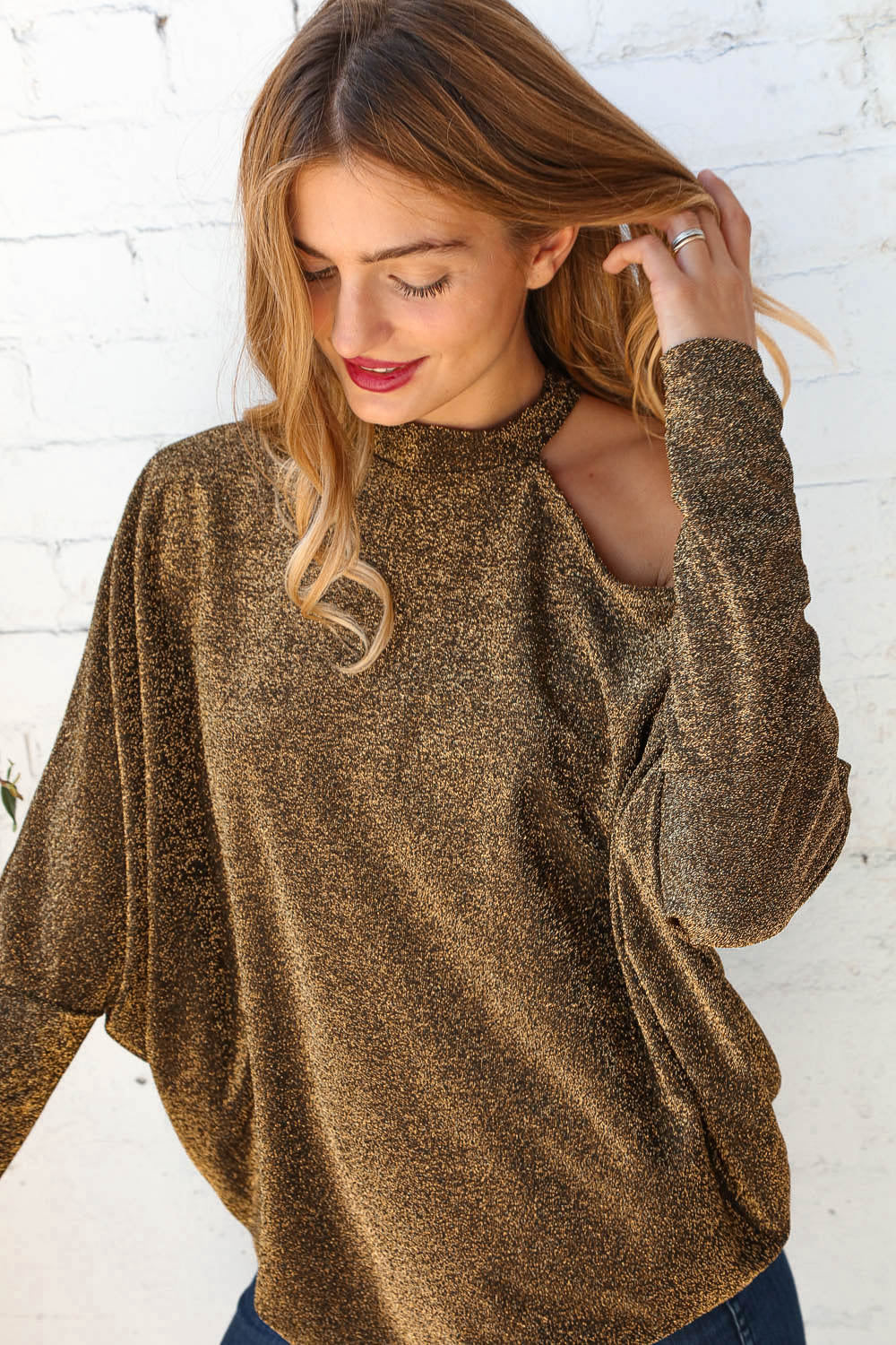 Gold Choker Cold Shoulder Dolman Glitter Top