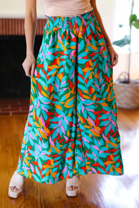 Summer Vibes Green & Orange Abstract Print Smocked Palazzo Pants