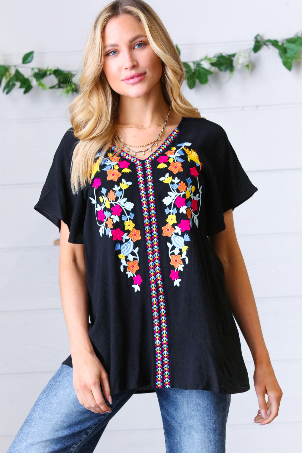 Black Floral Embroidered Flutter Sleeve Top