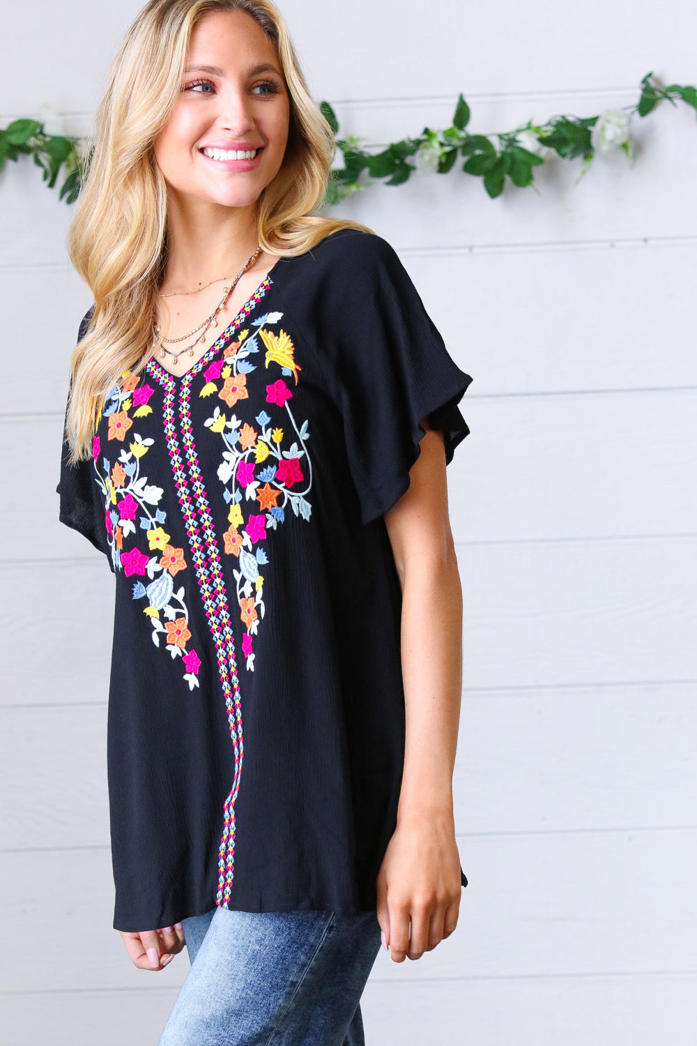 Black Floral Embroidered Flutter Sleeve Top