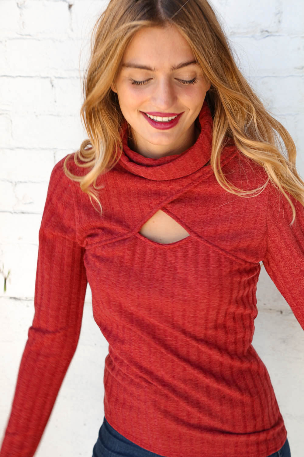 Rust Rib Turtleneck Cut Out Overlap Sweater