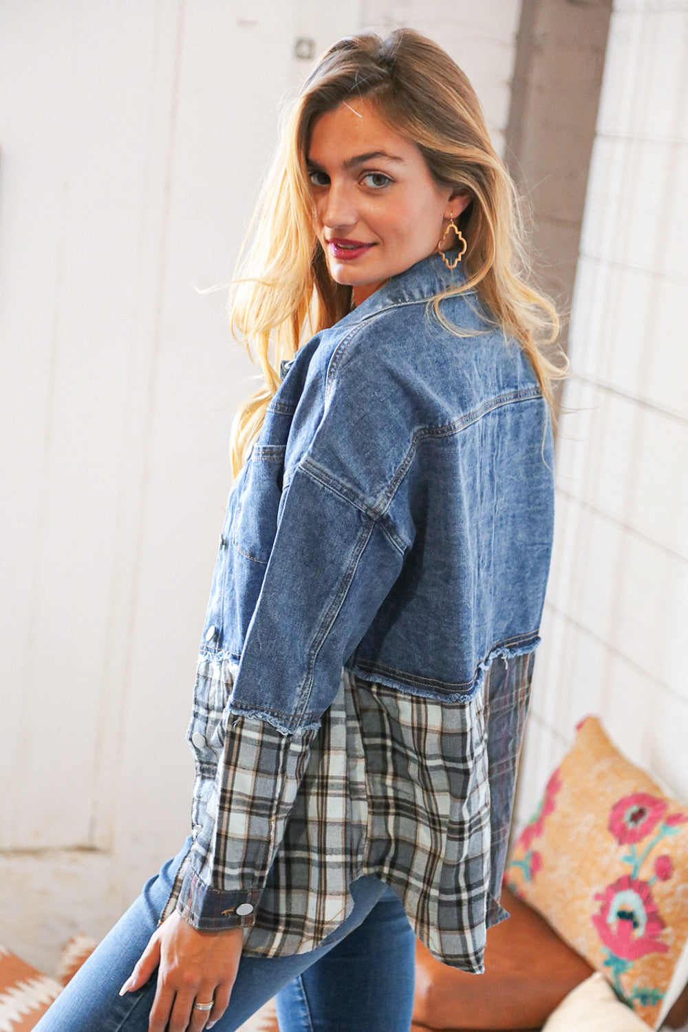 Washed Cotton Denim Plaid Color Block Jacket