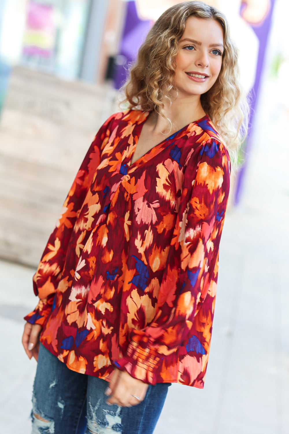 Burgundy Floral Abstract Print V Neck Smocked Top