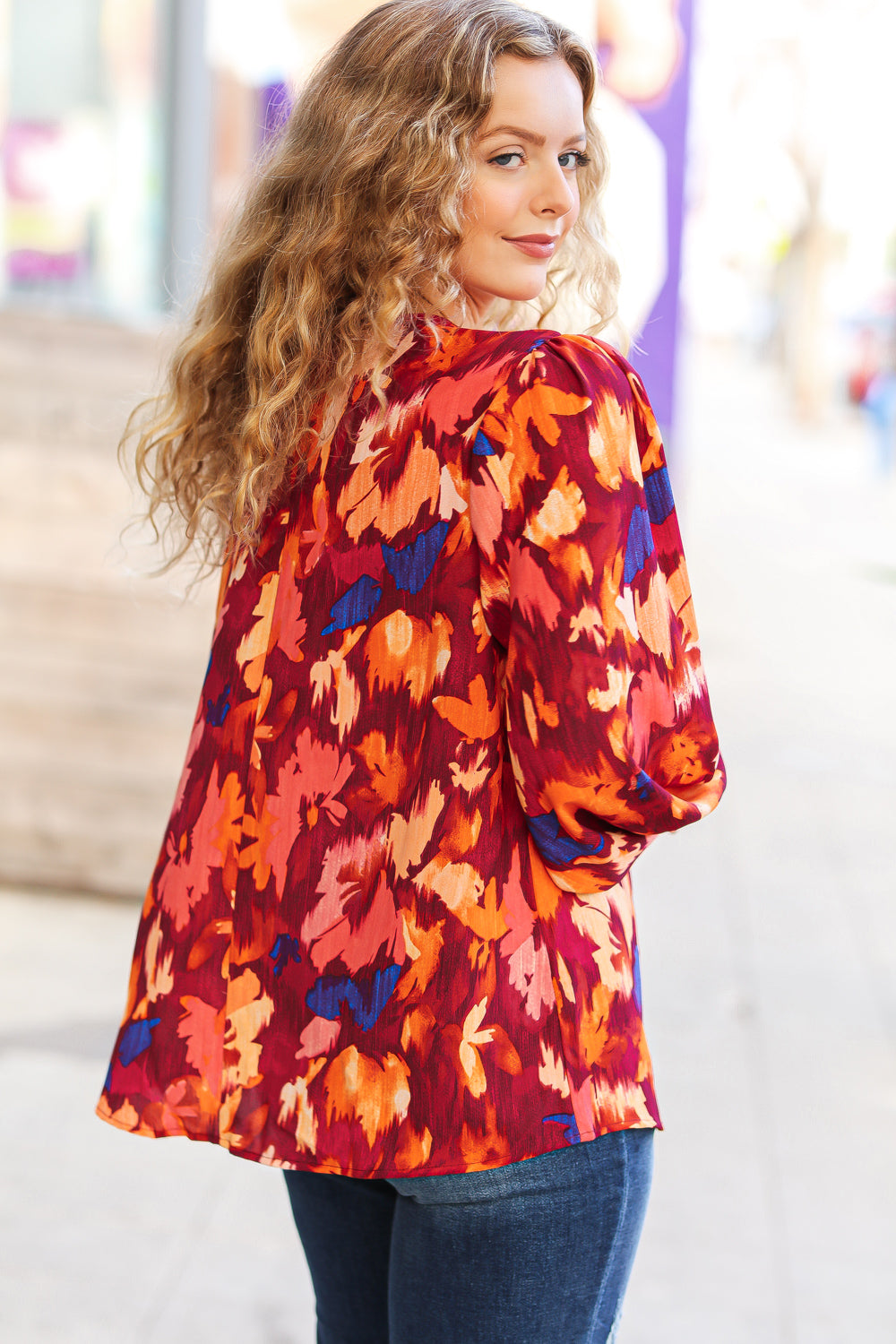 Burgundy Floral Abstract Print V Neck Smocked Top